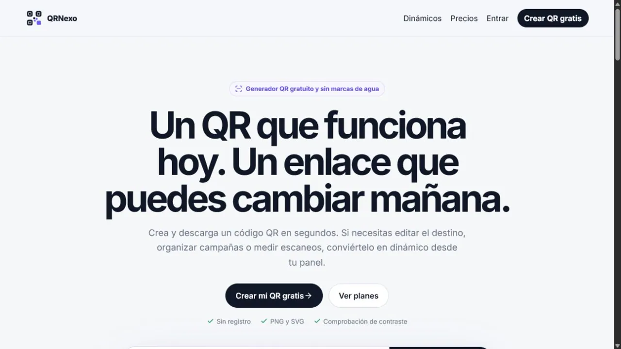 Captura de la página principal de QRNexo